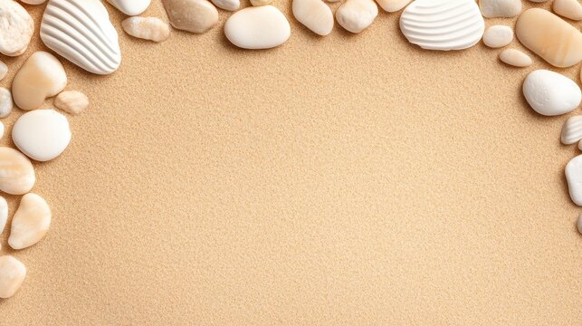 Serene Beach Scene with Smooth Stones and Shells Forming a Frame on Sandy Background