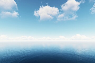 Fototapeta premium Serene blue sky with fluffy white clouds, transitioning from deep to light blue in a minimalist gradient. Perfect for banners or clean, tranquil design backgrounds.