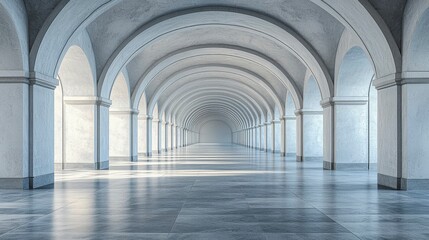 Fototapeta premium Sleek white architectural space with geometric circle elements, illuminated by sunlight, creating an abstract modern background perfect for showcasing luxury products or creative projects.