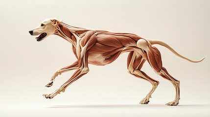 Generate an image of a dogs muscular and skeletal system, showing the strong muscles of the legs and body, and how they help in activities like running, jumping, and playing