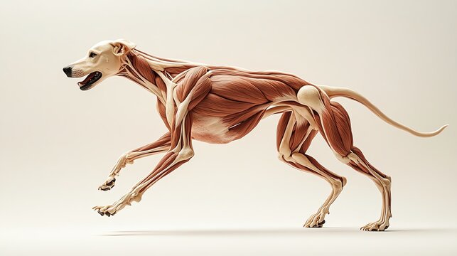 Generate an image of a dogs muscular and skeletal system, showing the strong muscles of the legs and body, and how they help in activities like running, jumping, and playing