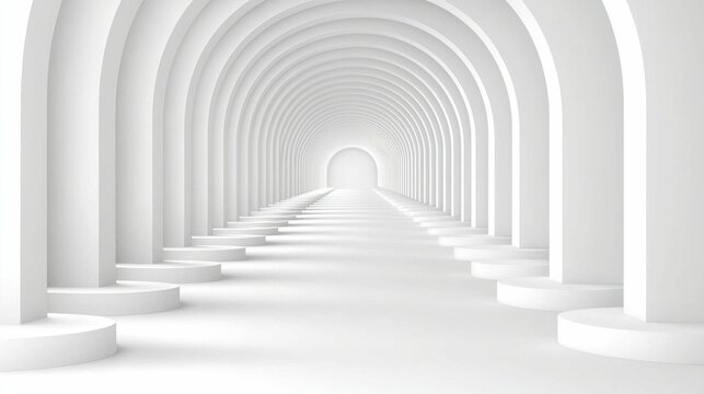 Spacious white architectural space featuring geometric circles and sunlight, creating an abstract, minimalistic backdrop ideal for product presentations or artistic showcases.