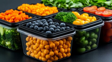 Assorted fresh vegetables displayed in clear plastic containers on a wooden surface