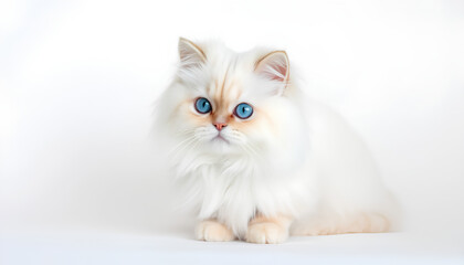 A cute white Persian cat with a fluffy kitten sitting together on a white background, showcasing their adorable blue eyes