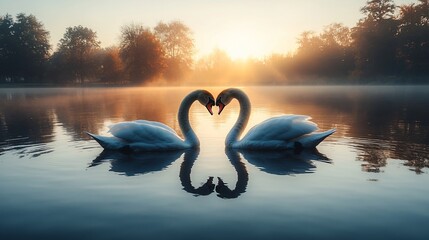 Fototapeta premium Two black swans forming a heart silhouette on a tranquil lake during a golden sunset. 