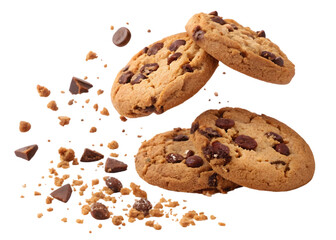 Falling chocolate chip cookies isolated on transparent or white background 