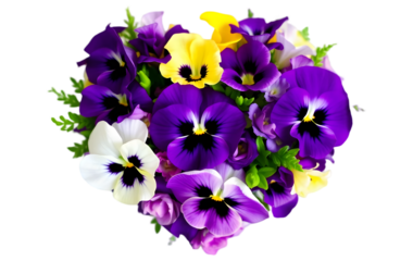 Cheerful pansies shaped like a heart on a transparent background