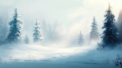 Naklejka premium A landscape covered in white pine trees and soft sunlight filtering through the winter fog.