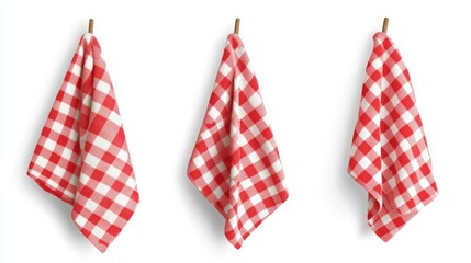 Set of red checkered towels folded, hanging and top view isolated on white background. Realistic vector illustration of napkin, cozy kitchen interior design element, home textile for domestic use
