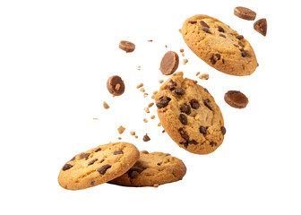 Falling chocolate chip cookies isolated on transparent or white background 