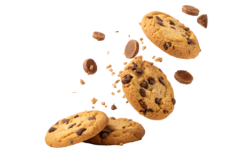 Falling chocolate chip cookies isolated on transparent or white background 