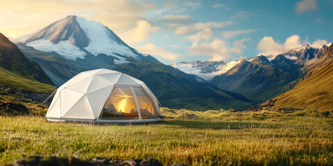 Glamping geodesic dome tent in scenic mountain valley at sunset