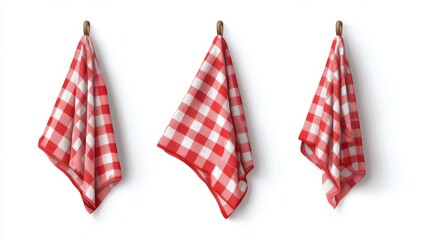 Obraz premium Set of red checkered towels folded, hanging and top view isolated on white background. Realistic vector illustration of napkin, cozy kitchen interior design element, home textile for domestic use
