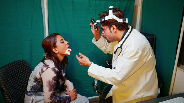 Doctor wears headlamp examines unwell lady