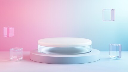 Elegant 3D Podium with Spacious Top and Colorful Surrounding Shapes
