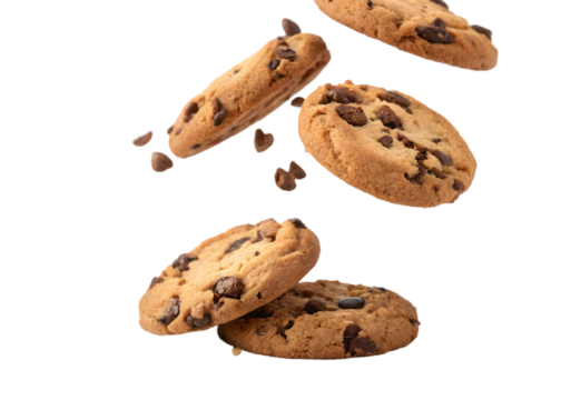 Falling chocolate chip cookies isolated on transparent or white background 