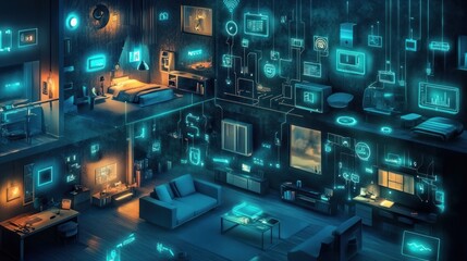 Smart home network, digital apartment, IoT, night scene, futuristic technology, connectivity illustration