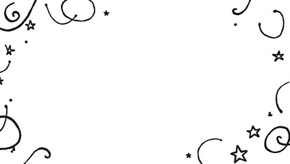 A quirky, hand-drawn 2D doodle frame with playful squiggles, stars, and swirls in black ink on a white background.