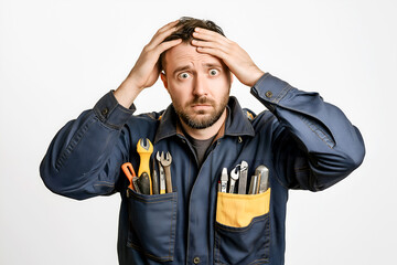 Frustrated mechanic with tools in his pockets holding his head in his hands looking distressed in a studio setting with a simple background