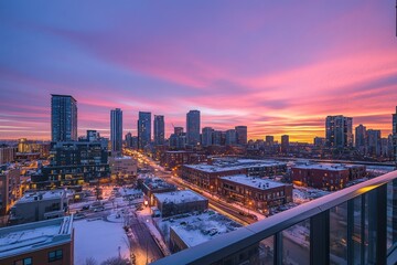Cityscape sunrise, winter snow, vibrant colors.