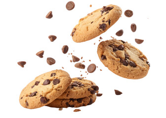 Falling chocolate chip cookies isolated on transparent or white background 