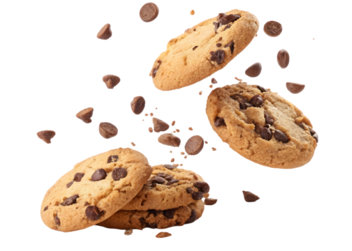 Falling chocolate chip cookies isolated on transparent or white background 