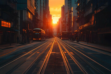 Fototapeta premium Hong Kong sunrise streetcar city travel