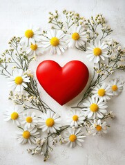 Obraz premium Love Blooms: A vibrant red heart nestled in a circle of delicate white daisies, a simple yet powerful symbol of love and affection. This delicate image speaks to the beauty of love in its purest form.