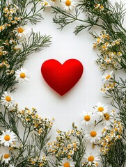 Obraz premium Red Heart and Daisy Wreath: A classic red heart nestled within a delicate wreath of white daisies evokes a sense of love, purity, and timeless beauty.