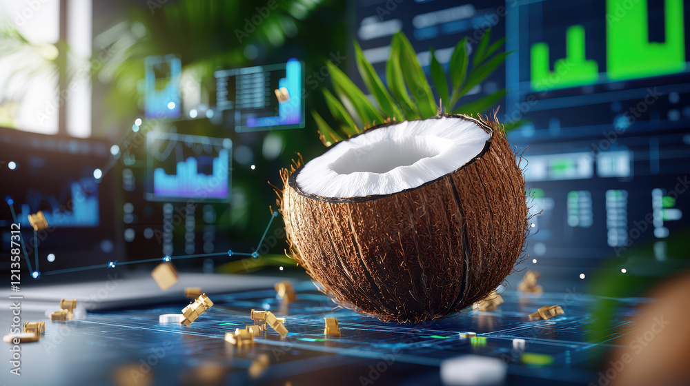 Poster 3D digital model of coconut displayed in high tech environment, showcasing data analytics and modern technology. coconut is open, revealing its white interior and surrounded by digital elements