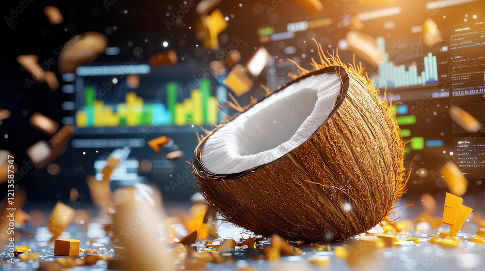 Poster 3d digital model of coconut surrounded by high tech elements, showcasing dynamic and vibrant scene. 