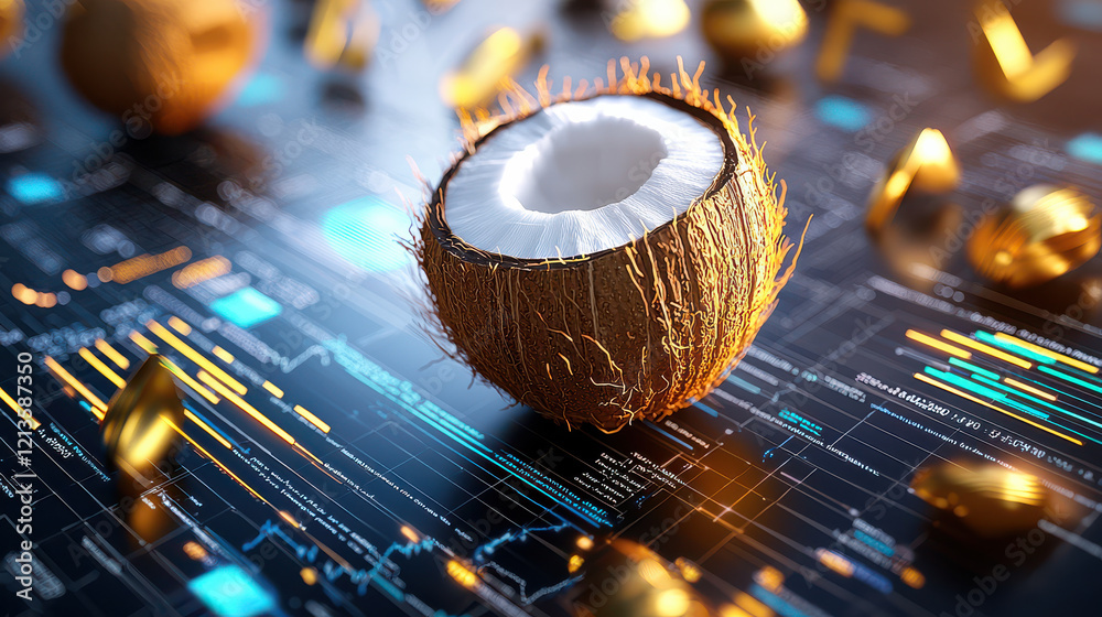 Aufkleber 3d digital model of coconut on high tech background, showcasing blend of nature and technology. coco