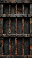 Rusty metal door with vintage wooden texture, weathered and worn, featuring a rustic and aged look with a combination of brown wood and metal, showing signs of corrosion and grunge
