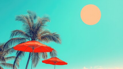 Obraz premium Vibrant beach scene with palm trees, umbrellas, and sun
