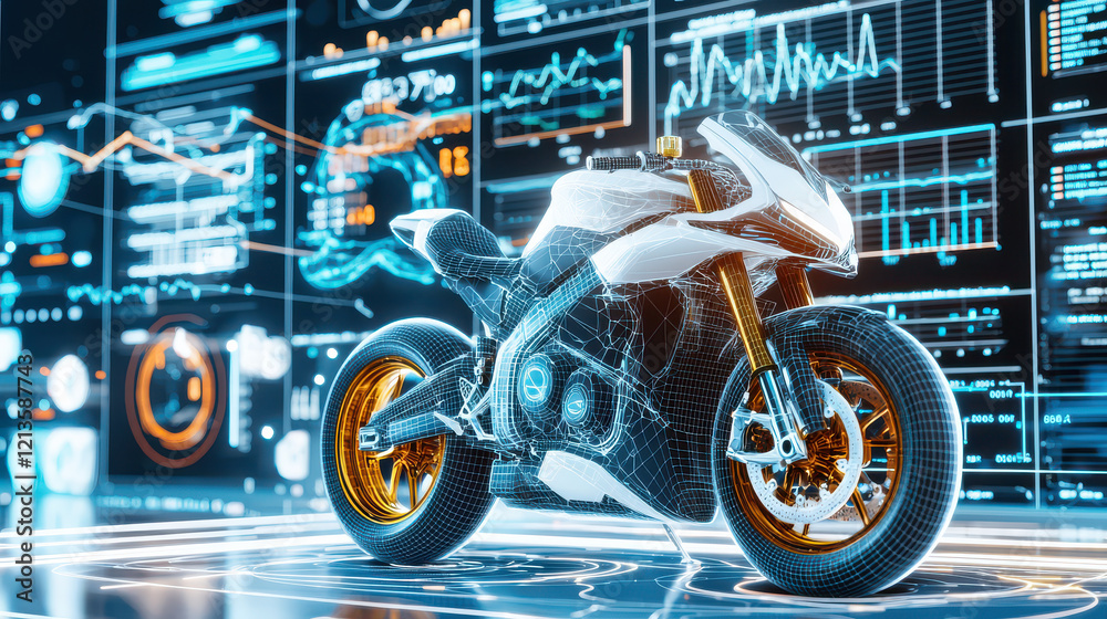 Leinwandbilder 3d digital model of motorcycle displayed with futuristic data visualizations, showcasing advanced te