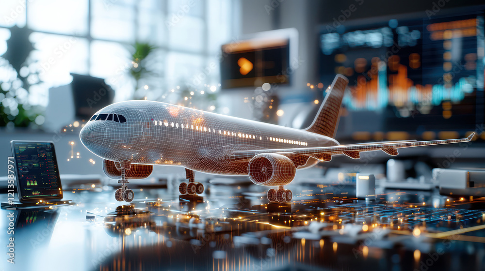Aufkleber 3d digital model of aircraft displayed in high tech office environment, showcasing advanced technolo