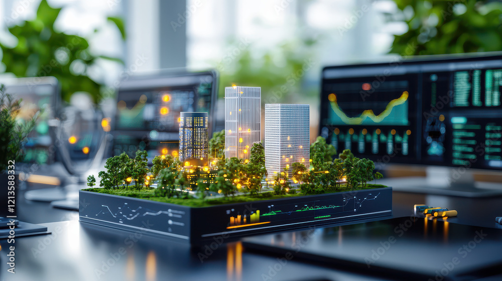 Poster 3d digital model of sustainable urban environment with buildings, greenery, and technology displays.