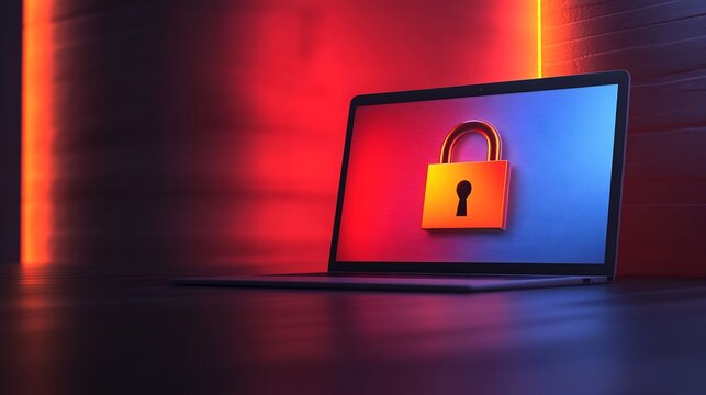 Cybersecurity Laptop Screen Shows Secure Padlock Vivid Neon Lighting. AI Generated