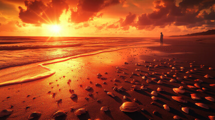 Obraz premium A surreal depiction of a deserted beach at sunset, waves illuminated by golden and orange hues, an intricate pattern of seashells scattered on the sand