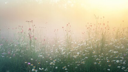 Obraz premium Misty Meadow Sunrise: A Serene Field of Wildflowers