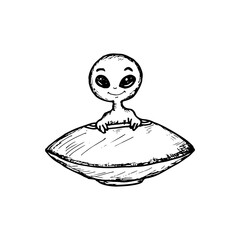 Cute smiling alien riding UFO cartoon vector doodle illustration.