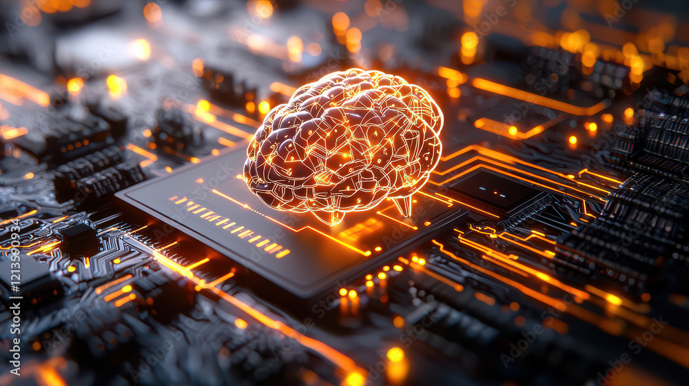 Poster cinematic depiction of cognitive system powered by advanced technology, showcasing glowing brain on circuit board, symbolizing artificial intelligence and innovation