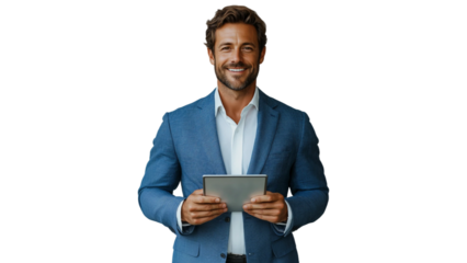 A smiling handsome businessman exuding confidence and professionalism. He is wearing a perfectly tailored, blue blazer, symbolizing sophistication and success, holding a tablet. PNG file
