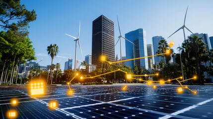 Naklejka premium city skyline featuring renewable energy sources like solar panels and wind turbines, showcasing sustainable urban environment with modern architecture and greenery