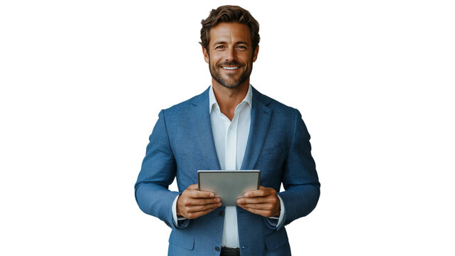 A smiling handsome businessman exuding confidence and professionalism. He is wearing a perfectly tailored, blue blazer, symbolizing sophistication and success, holding a tablet. PNG file