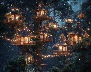 Obraz premium Illustration of A whimsical treehouse village, where models in eco-friendly clothing made from bamboo and hemp fabrics move gracefully through the treetops, surrounded by twinkling fairy lights.