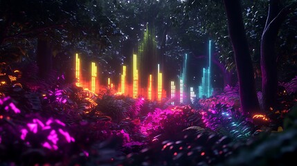 Neon Lights Illuminating Lush Tropical Forest Scene