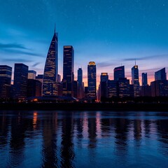 Obraz premium A cityscape with tall skyscrapers at night, with light reflecting on the water surface.