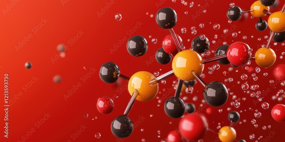 Poster clean energy hydropower concept. molecular structure with colorful atoms on a vibrant red background