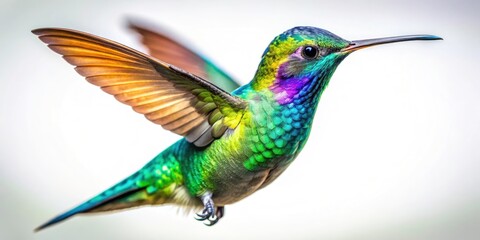 Obraz premium Iridescent Hummingbird Tilt-Shift Photography - Miniature Green Bird White Background